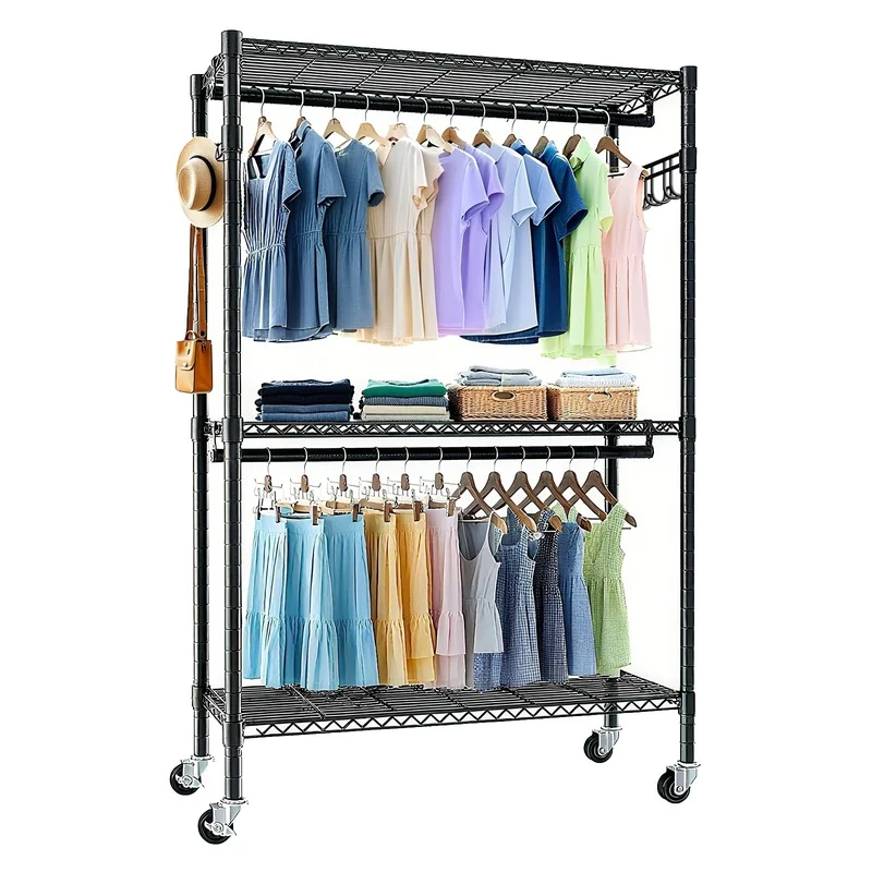 Heavy Duty Rolling Clothes Rack with 3 Adjustable Wire Shelves, 2 Rails, Side Hooks, Portable Freestanding Closet Organizer  Black