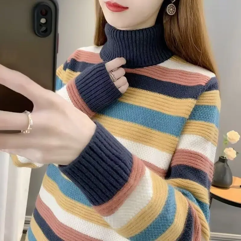 Autumn Winter Women Stylish Striped Contrast Color Turtleneck Knitted Sweater Long Sleeve Loose Thick Warm Pullover Tops Jumpers