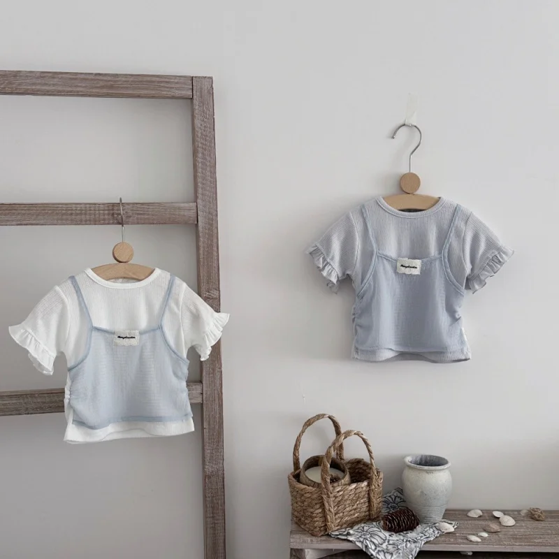 2026 Summer Korean Style 6M-3Y Children Tops False Two-piece Soft Kids Shirts Casual Patchwork Baby Girl Clothes 