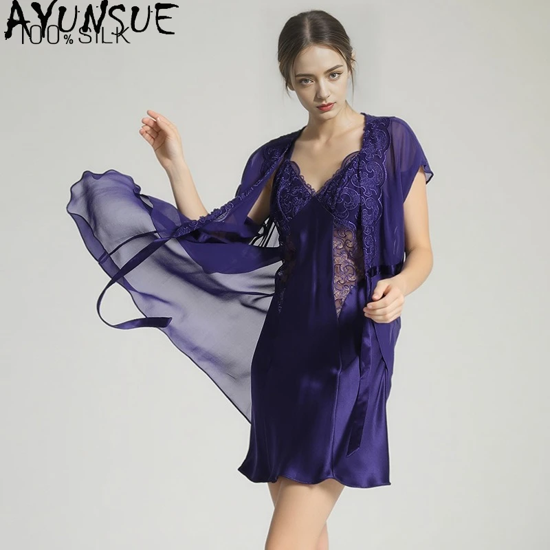 AYUNSUE 19MM 100% Real Mulberry Silk Sexy Sleepwear Two-piece Set Women Spring Summer Nightgown Robe Women's Home Clothes