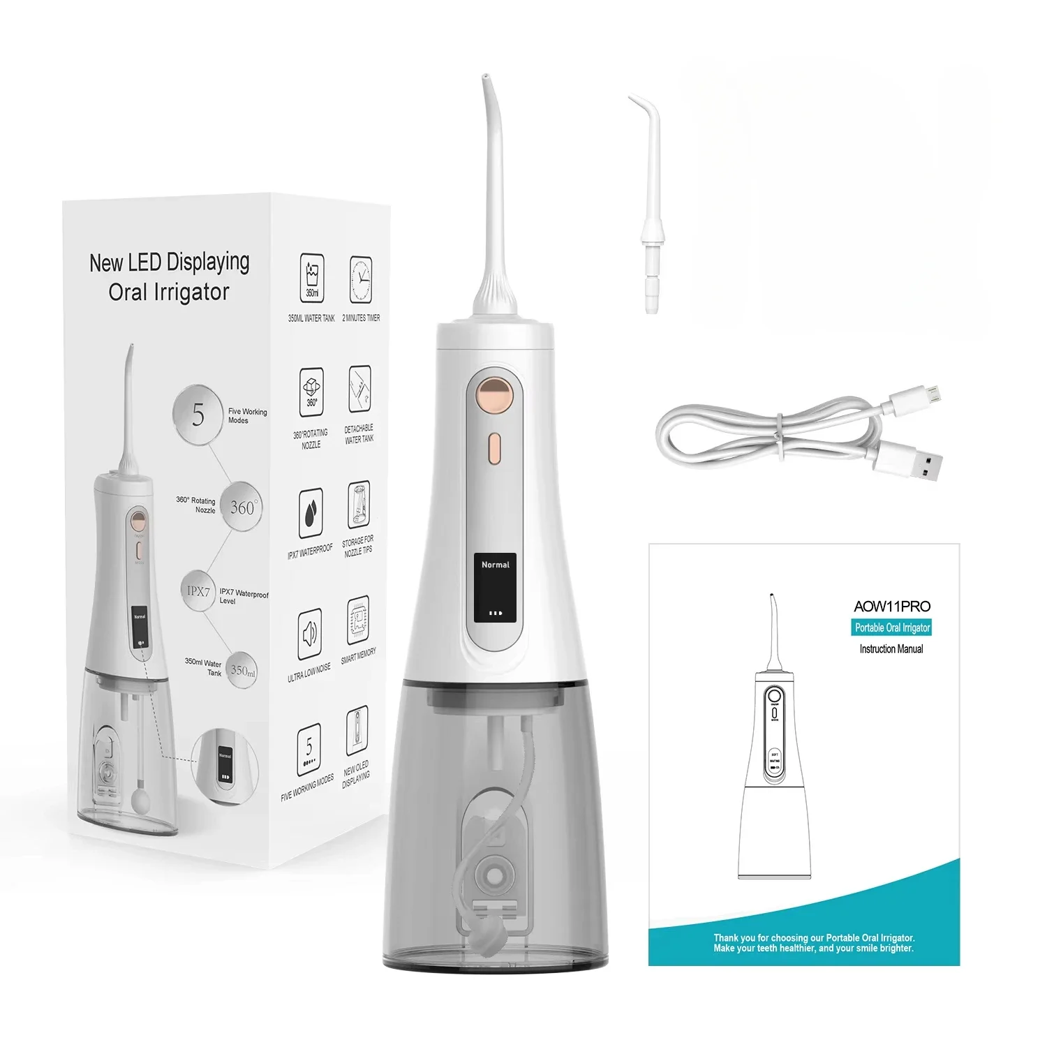 MUBE Oral Irrigator Handheld electric toothbrush,IPX7 Waterproof,350ml water tank,5 modes,LCD display screen,AOW011 Plus,2025