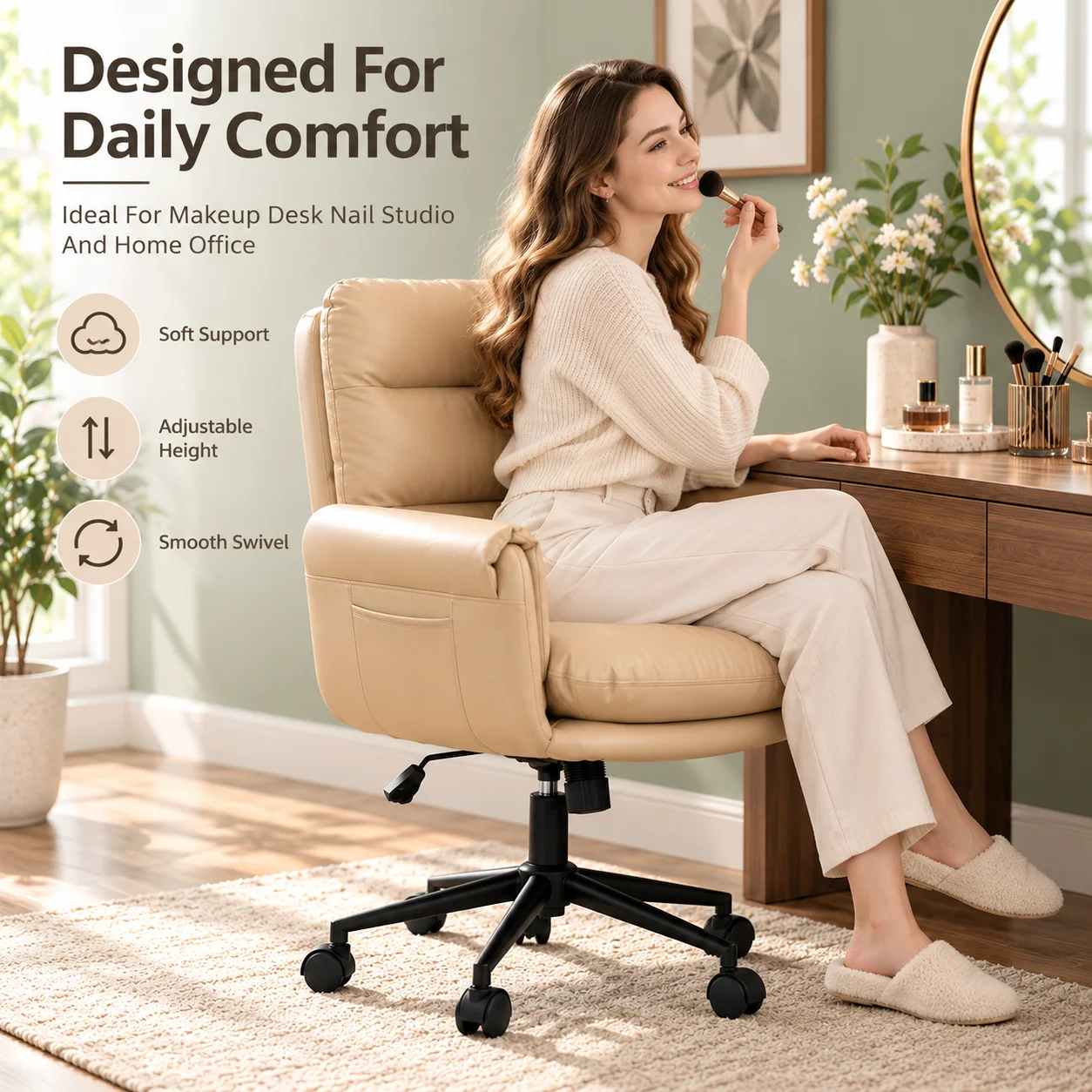 AOLIVIYA Makeup Vanity Chair With Wheels Adjustable Height Swivel Office Desk Chair Padded Armrests Nail Salon Beauty Chair