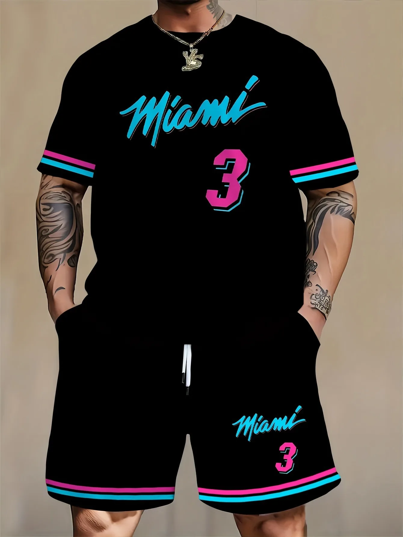 

2025 Hot-selling summer 3D letter printing T-shirt shorts two-piece suit men's casual breathable quick-drying comfortable suit