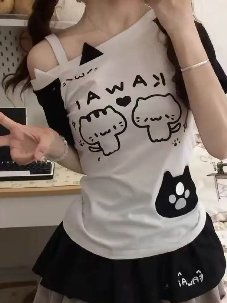 

Cute Ear ort Sve oulder Bared T irt Women's Summer Top Korean Sle Slim Fit Casual Cartoon Anime Print Tee