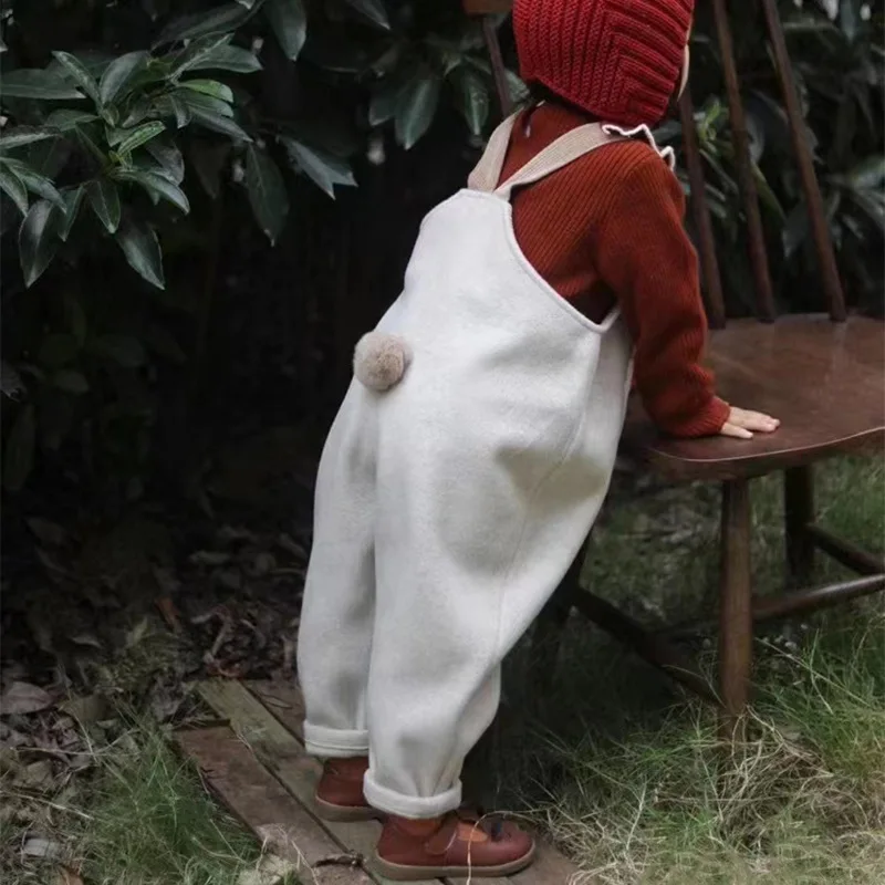 Boys and Girls' Lamb Wool Overalls Are Soft and Warm Autumn and Winter Handmade Ball Bunny Tail Casual Trousers