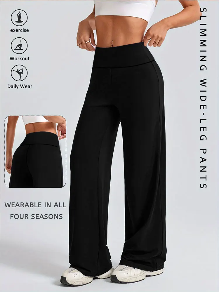 Pantalon large uni taille mi-haute pour femme, legging de yoga, collant de fitness, sensation seconde peau, pour Pilates, course et sport