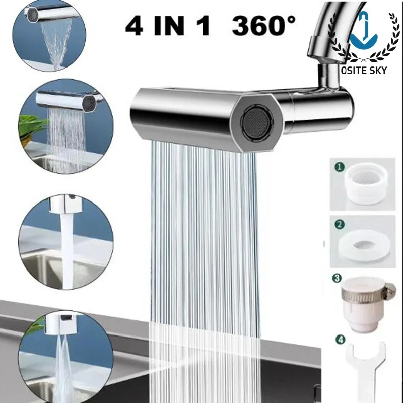 4 IN 1 Sink Waterfall Kitchen Faucet Bubbler Splash-proof 360° Bathroom Skin Basin Tap Extender Water Adapter for Kitchen Sink