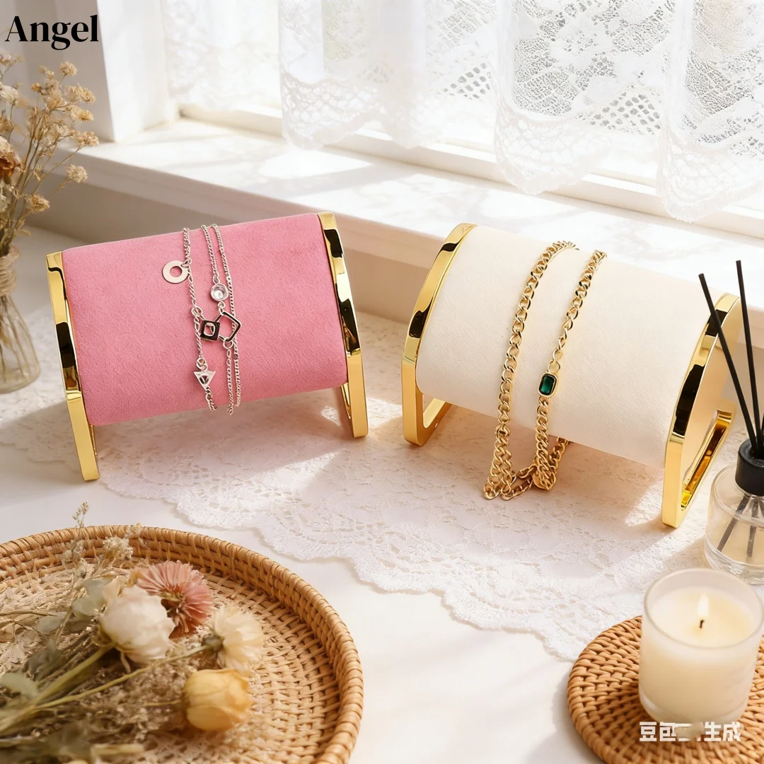 Multi-Functional Metal Jewelry Display Rack, Velvet-Covered Bracelet & Watch Holder with Hanging Bar, Countertop Organizer