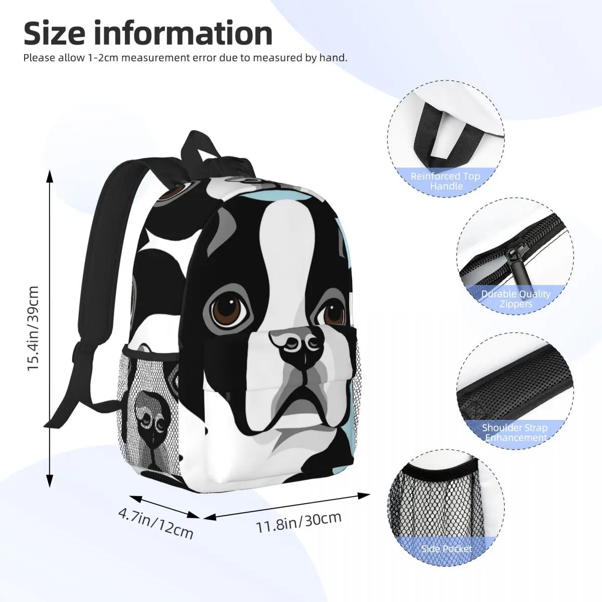 Boston Terrier Face Print Backpack Daypack Large Capacity Boys Girls BookBag Shoulder Bags for Men Women Kids School Bag