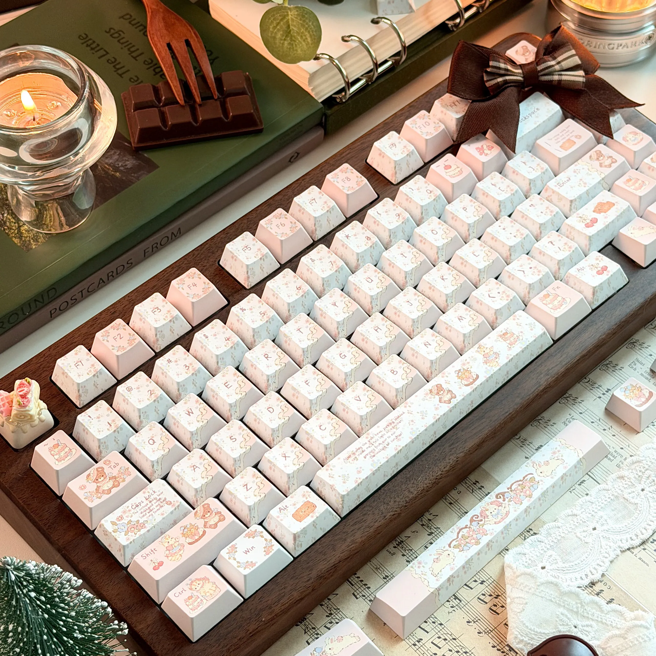 Cats and Spring Theme Keycaps Set PBT Cherry Profile Custom Original Handmade Keycaps for Mechanical Keyboard Accessories Gift