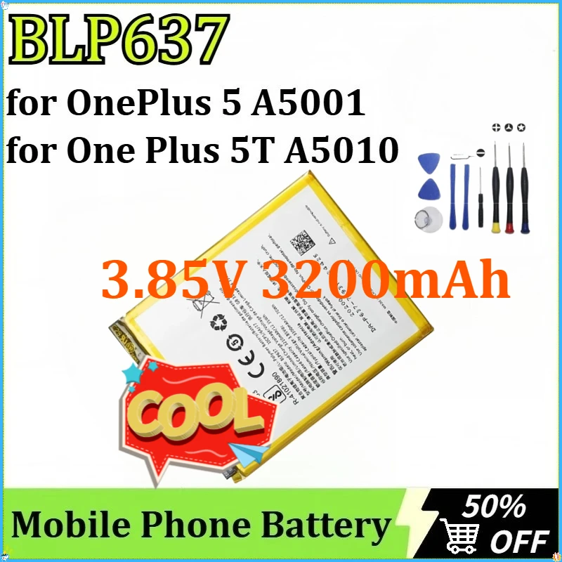 

For OnePlus 5 A5001 5T A5010 High Capacity Phone Replacement Battery Mobile Phone Battery BLP637 3.85V 3200mAh + Tools