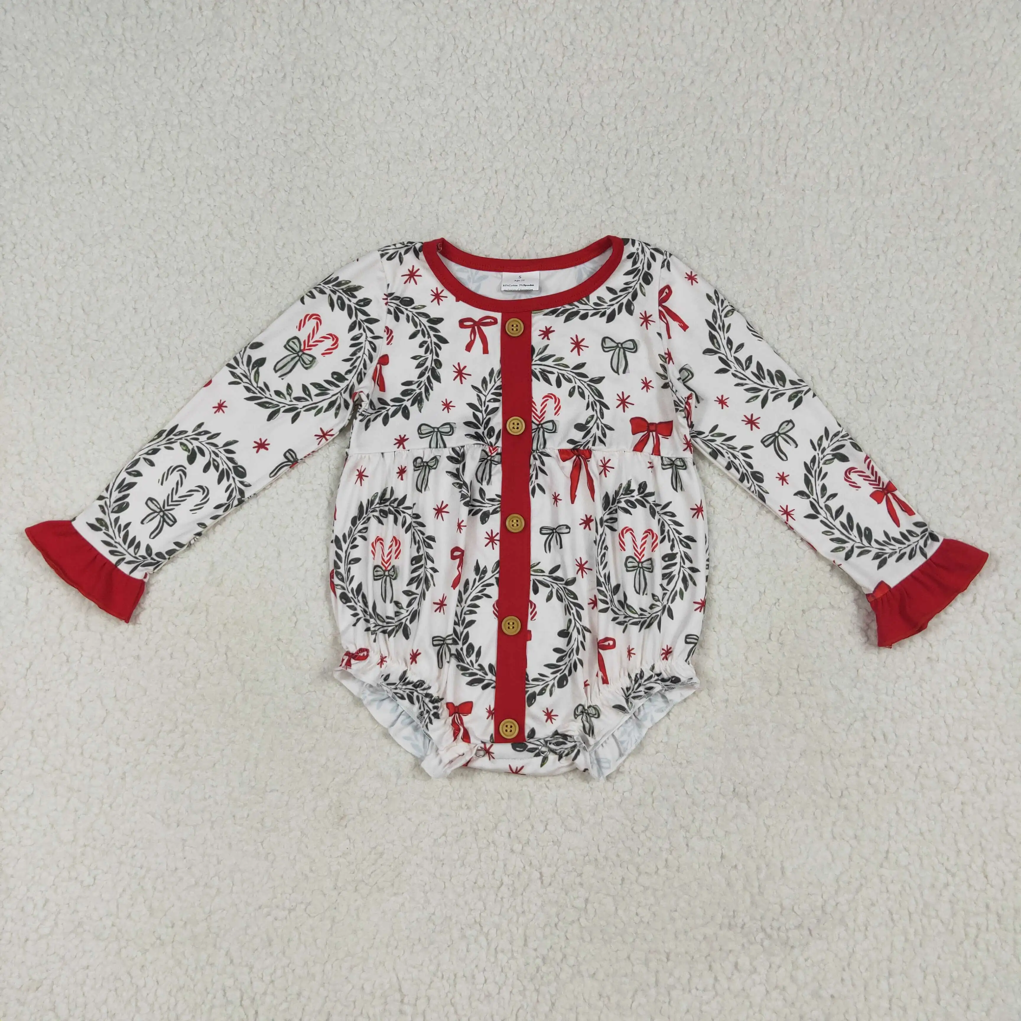 

Autumn Newborn Playsuit Baby Girl Button Romper Christmas Bows Crew Neck Long Sleeves Bubble Ruffle Jumpsuit Toddler Bodysuit