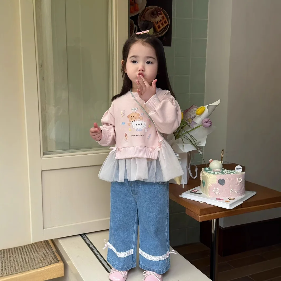 

2025 Spring Autumn Childrens Girls 2PCS Clothes Set Cartoon Mesh Spliced Tops Lace Straight Jeans Suit Toddler Girls Outfits