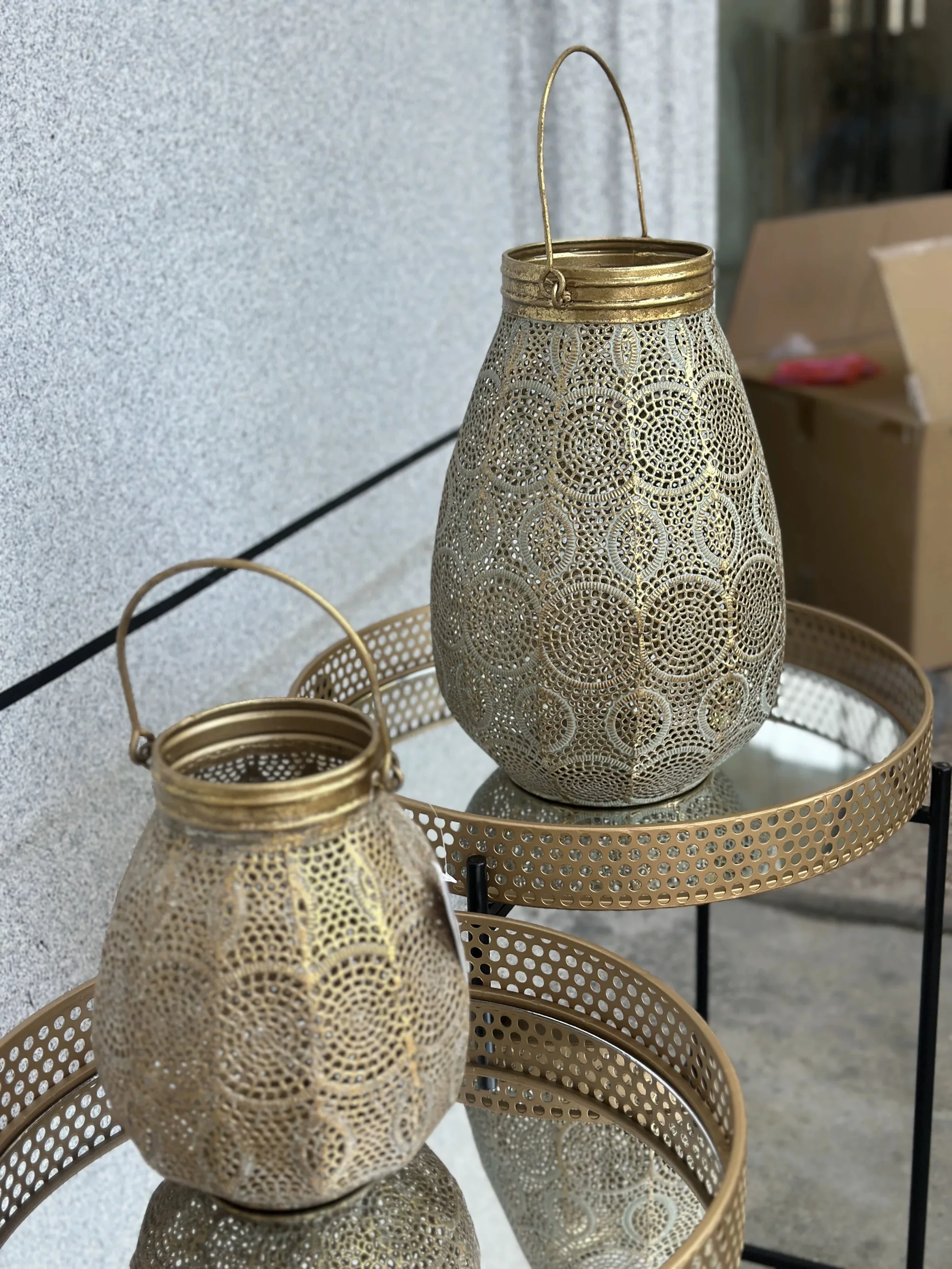 Moroccan Style Candle Holder Lantern Set of 2, Antique Gold Metal, Filigree Cut-Out Design, Vintage Decorative, Small and Large