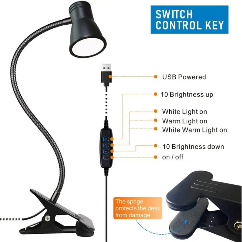 Table Lamp USB Rechargeable Desk Lamp With Clip Bed Reading Book Night Light LED Touch 3 Modes Dimming Eye Protection Light