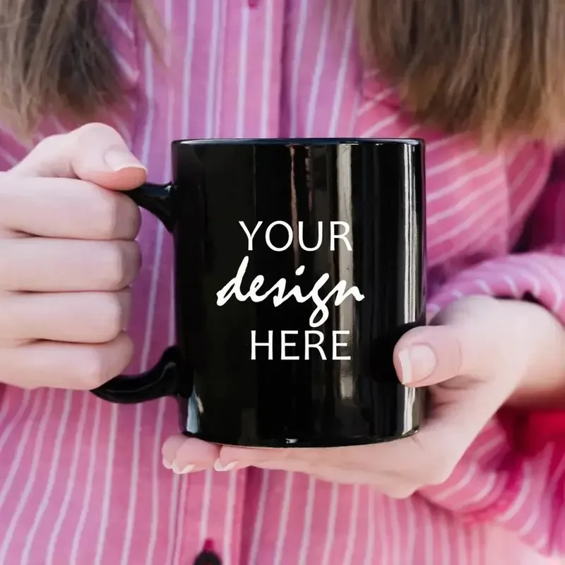DIY Family Photos Custom Company Logo Black Ceramic Mug - 11oz 325ml Personalized Gift Cup for Home Office