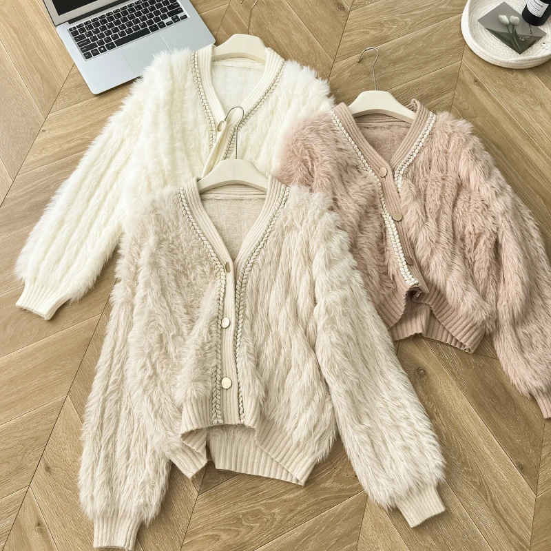 Niche Design Sense V-Neck Long Sleeve Knitted Cardigan Tops Autumn Winter New Gentle Style Loose Sweater Coats