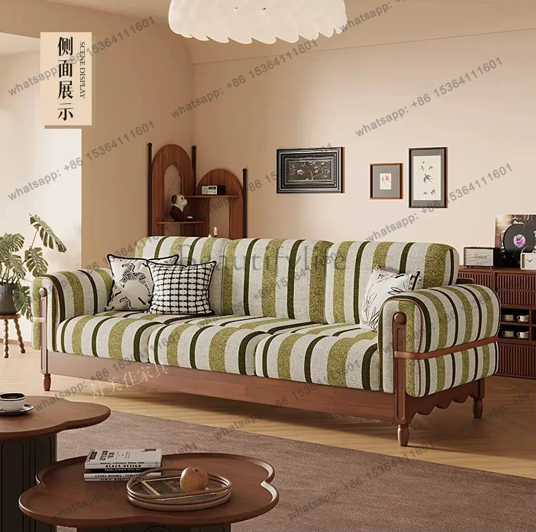 PG  French Retro Solid Wood Sofa for Home Living Room Small Apartment Three-Seater Straight Fabric Sofa Set