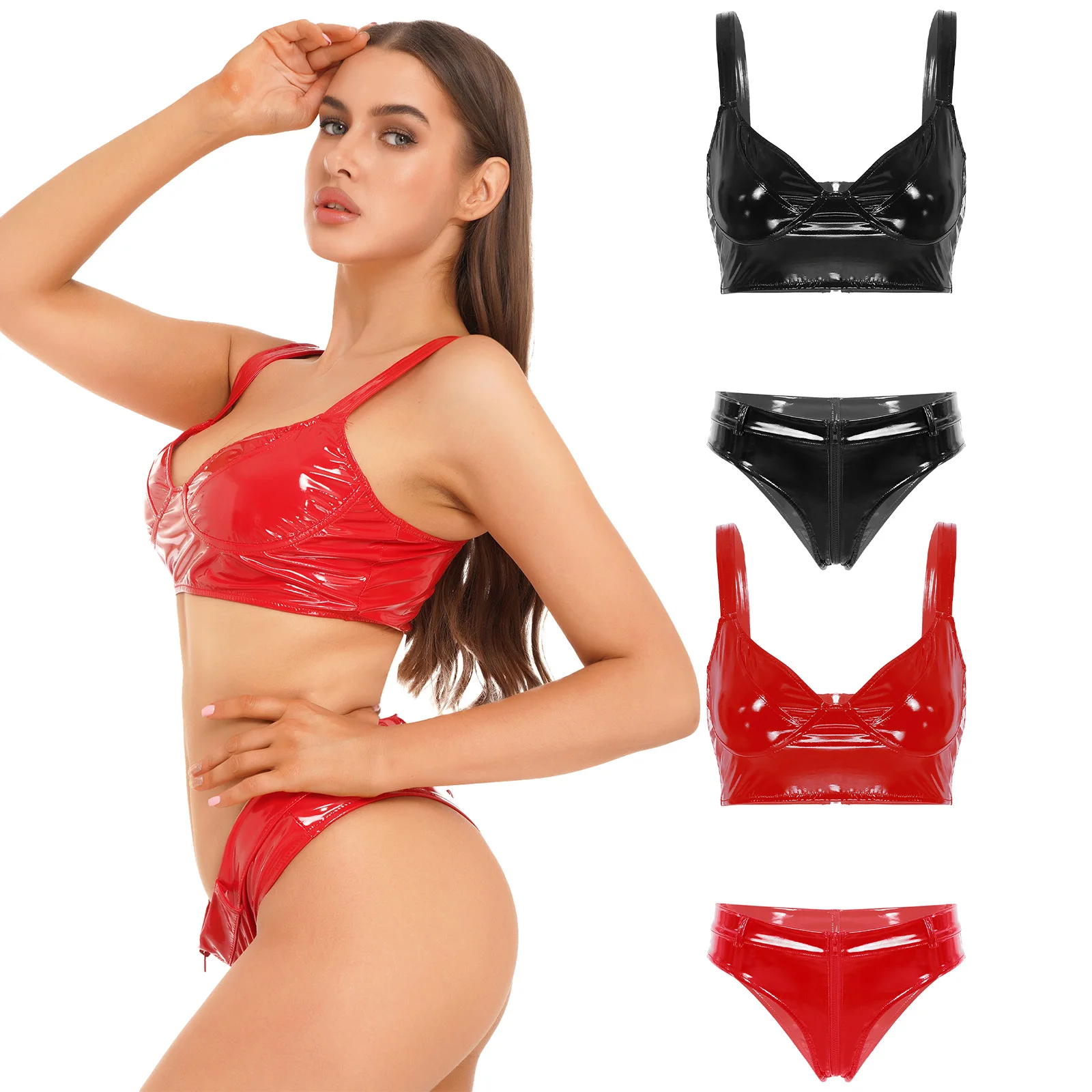 Women\'s New Liquid Wet Look Bikini Underwear Outfits Sexy Pole Dancing Suit Latex Leather Shiny Lingerie Set Club Carnival Party