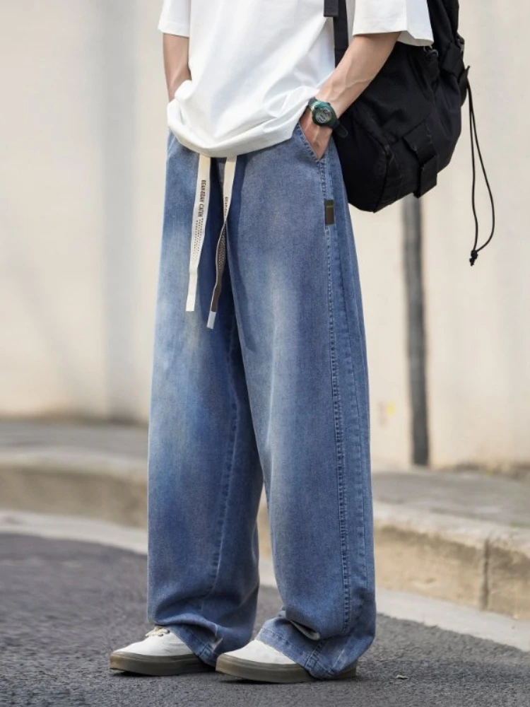 Été Lyocell tissu jambe large lavage Jean rabat poches léger Cargo pantalon hommes rue pantalon ample décontracté mince pantalon grand