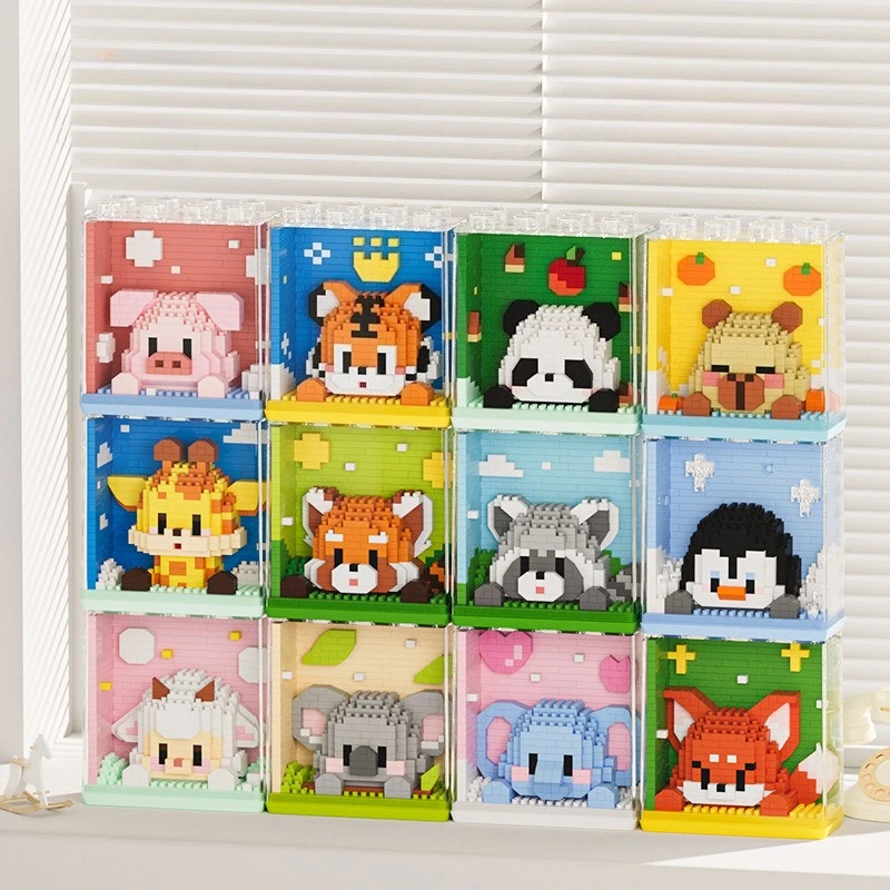 

New Product Hot Sale Building Blocks Small Zoo Photo Frame Panda Cartoon Doll with Dust Box Assembled Holiday Gift