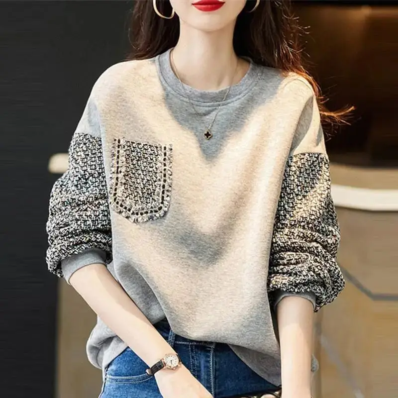 Korean Fashion Plaid Patchwork Fleece Thicken Cotton Streetwear Female Sweatshirt Autumn Winter Casual Loose Pullovers Top Women