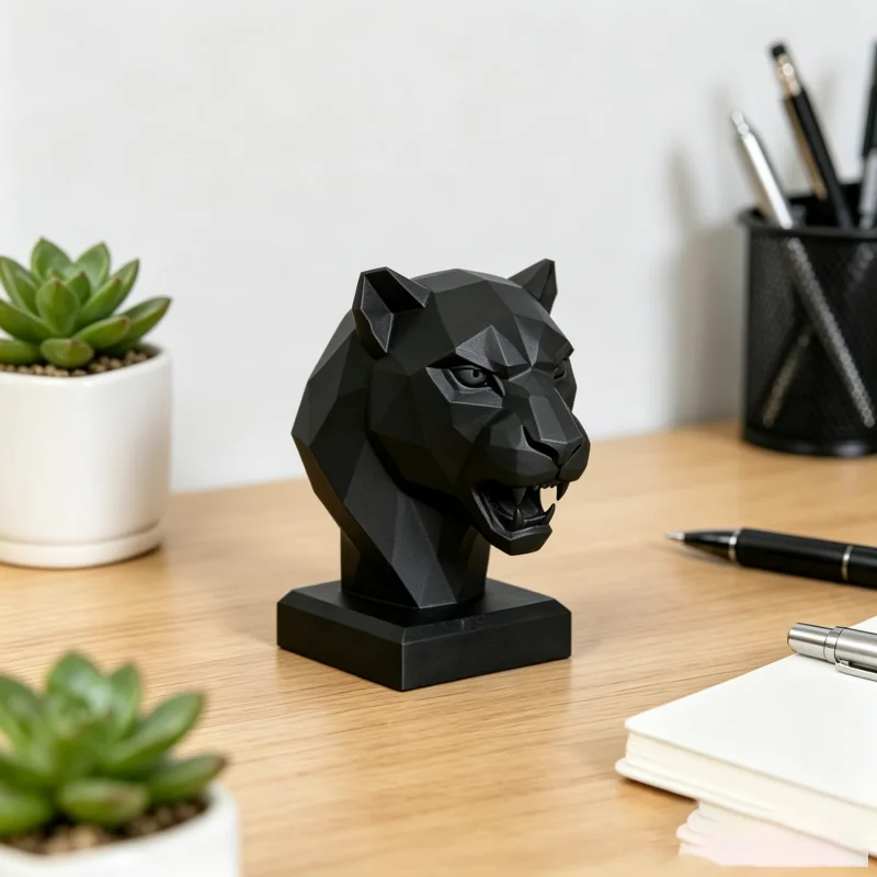 Polygon Faceted Black Panther Bust Figurine,Geometric Leopard Head Statue,3D Printed For Photography Prop Window Shelf Ornament