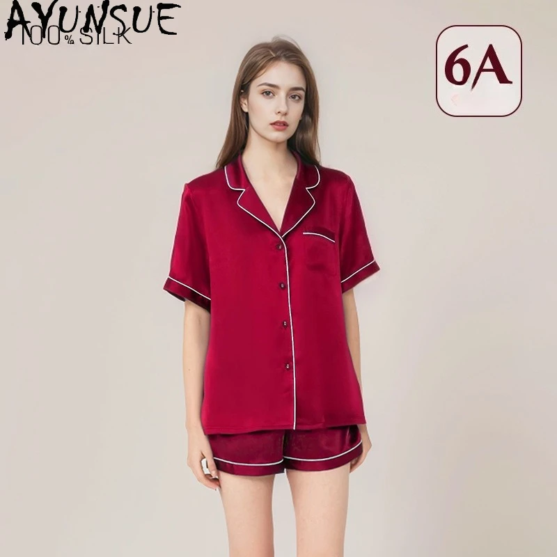 

AYUNSUE 16Mm 100% Mulberry Silk Sleepwear Women 2026 Summer Clothes Pajama Short Sleeve Top Casual Shorts Sets Womens Outfit