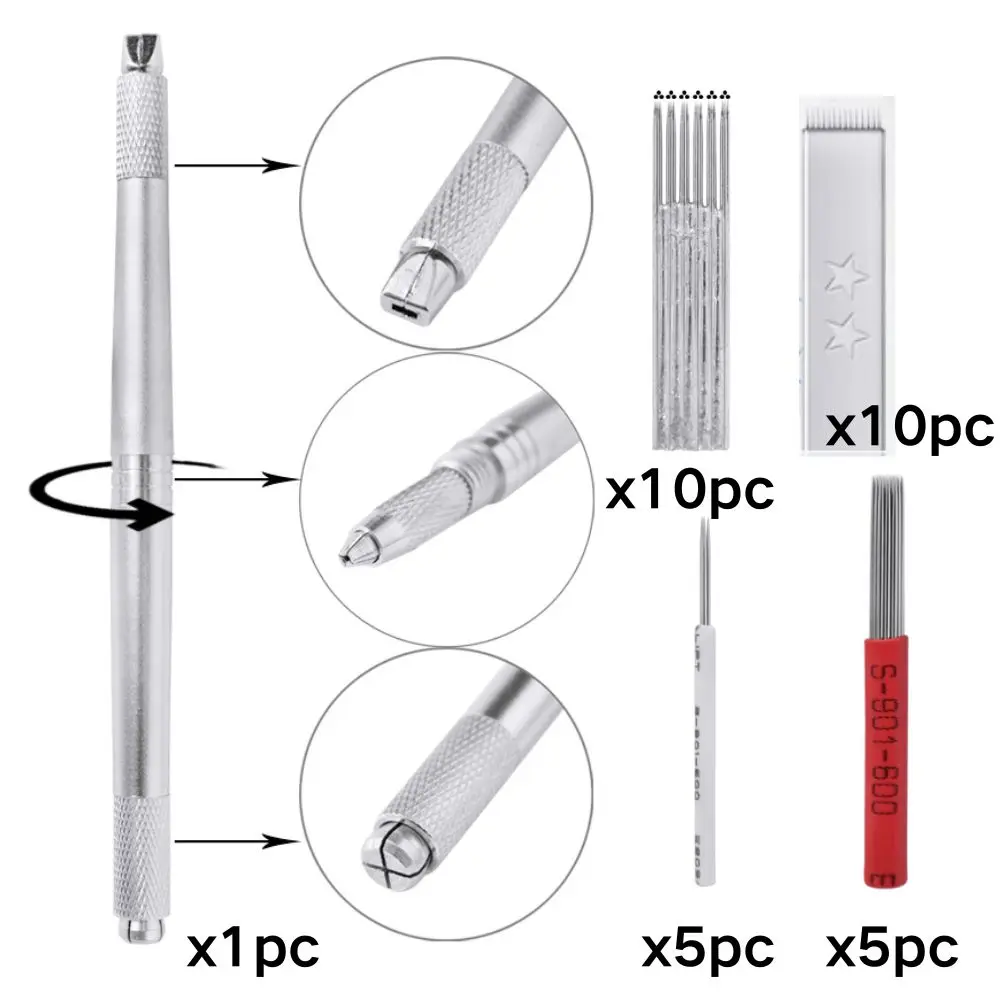 Eyebrow Microblading Kit Tattoo Manual Pen Three Head 30Pcs Needles Permanent Makeup Blades Tattoo Supplies Machine Equipment