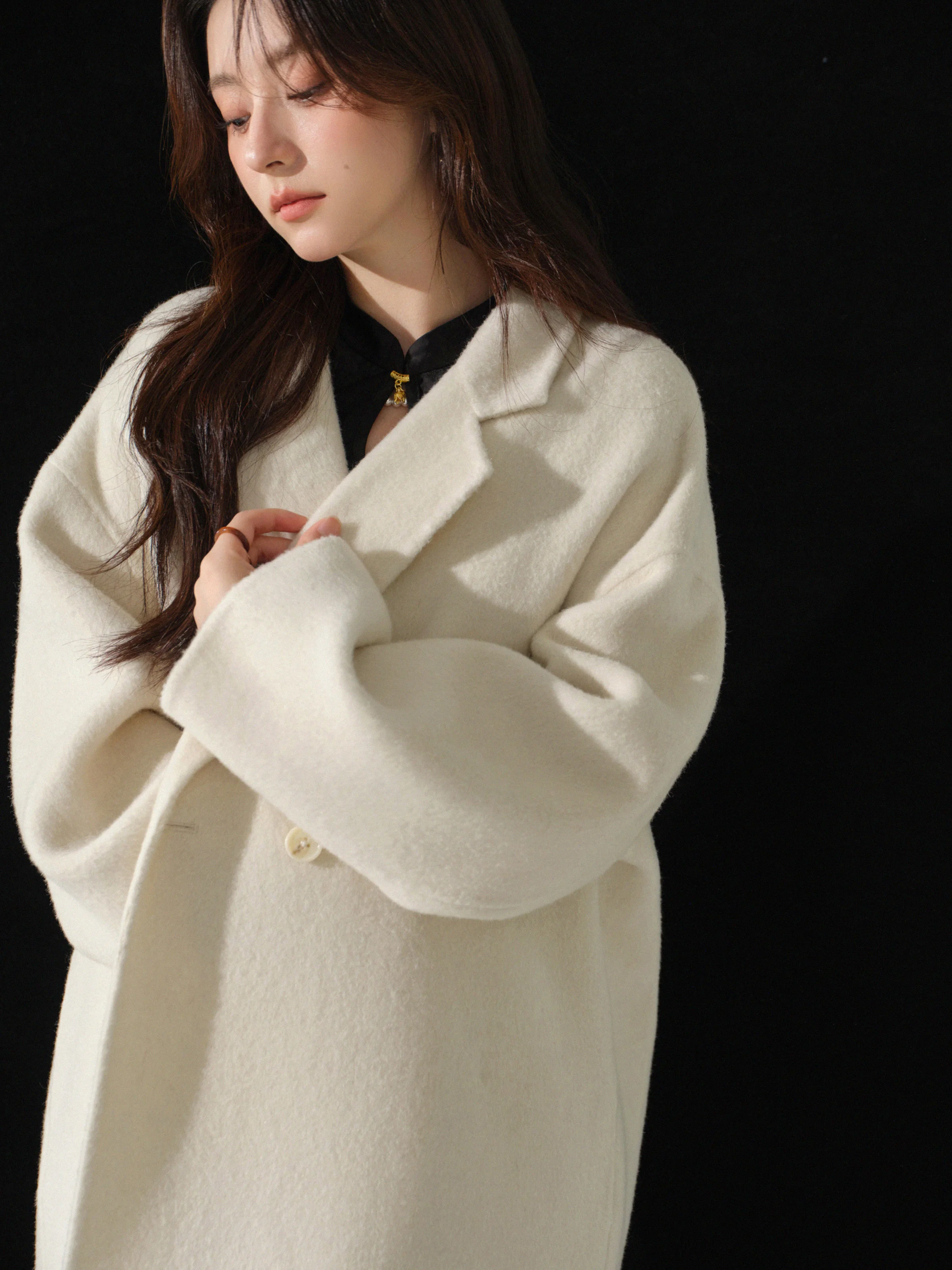 Elegant Wool Double Faced Coat Double Breasted Long Overcoat for Women Autumn Loose Fit Outerwear Classic Minimalist Warm Jacket