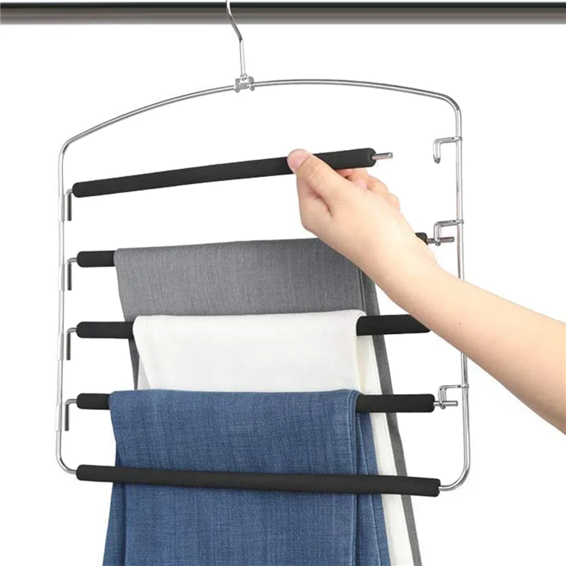 

3X Pants Hangers 5 Layers Metal Slack Magic Hangers Non-Slip Foam Padded Swing Arm Space Saving Hanger-AT64