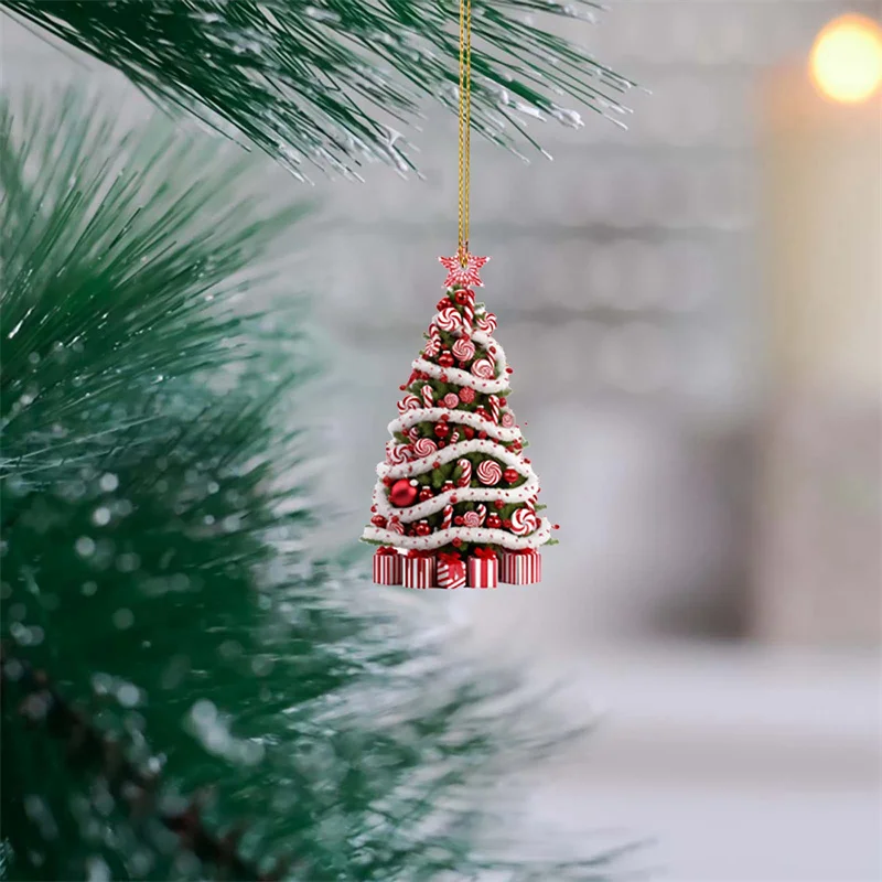 2024 Christmas Hanging Christmas Tree Ornaments Acrylic Pendant with Candy Cane Ball Gift Box Decor for Home Party Table Decor