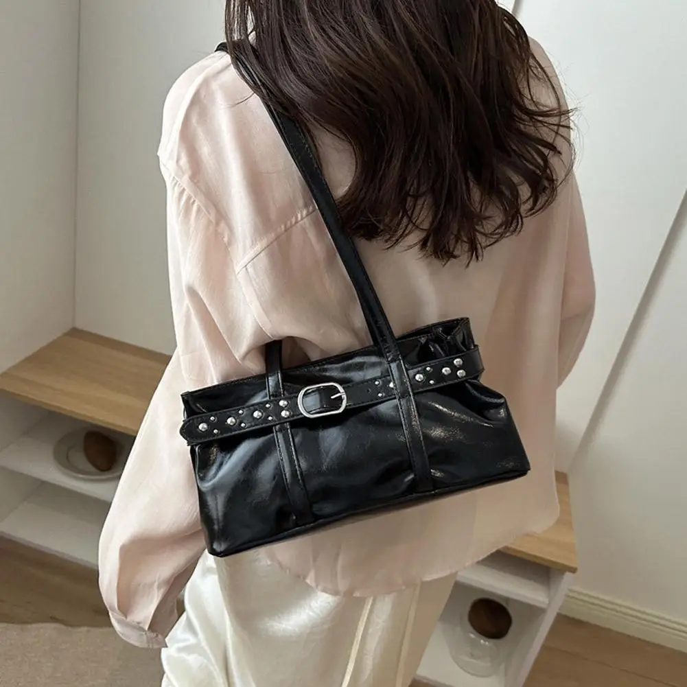 Rivet-Gürtelschnalle, Unterarmtasche für Damen, große Kapazität, einfarbig, Schultertasche, Retro-Handtasche für den täglichen Gebrauch. – Detail 22