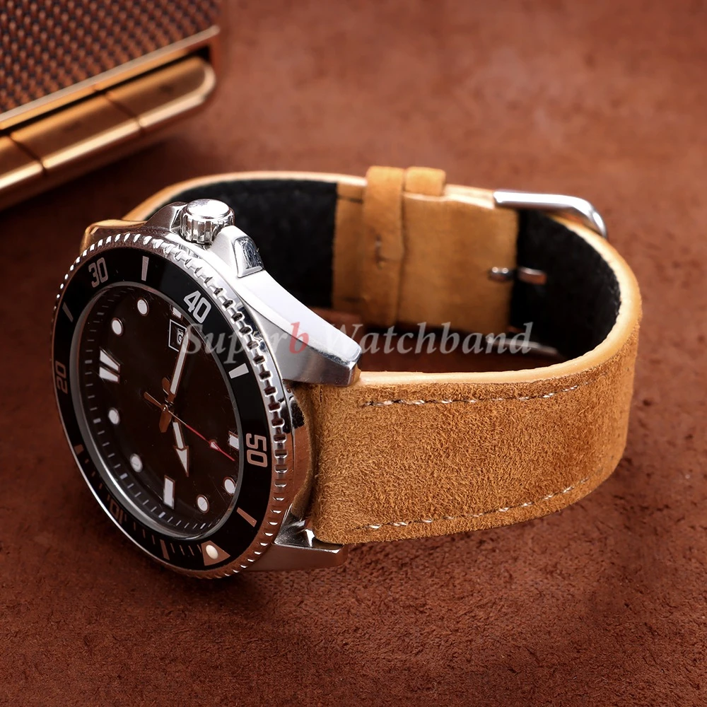 Vintage Suede Leather Watch Strap 18mm 19mm 20mm 22mm for Seiko Handmade Stitching Bracelet for Huawei GT4/3 Quick Release