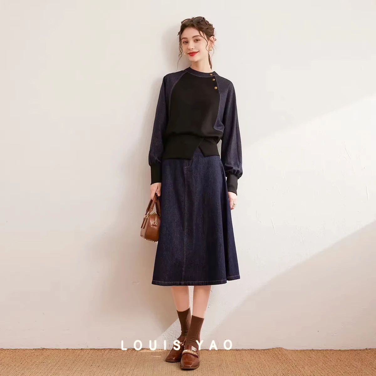

Design Sense Splicing Shoulder Sleeve Top Korean Casual Style Round Neck Pullover Micro Elastic Women's Sweater Female Clothing
