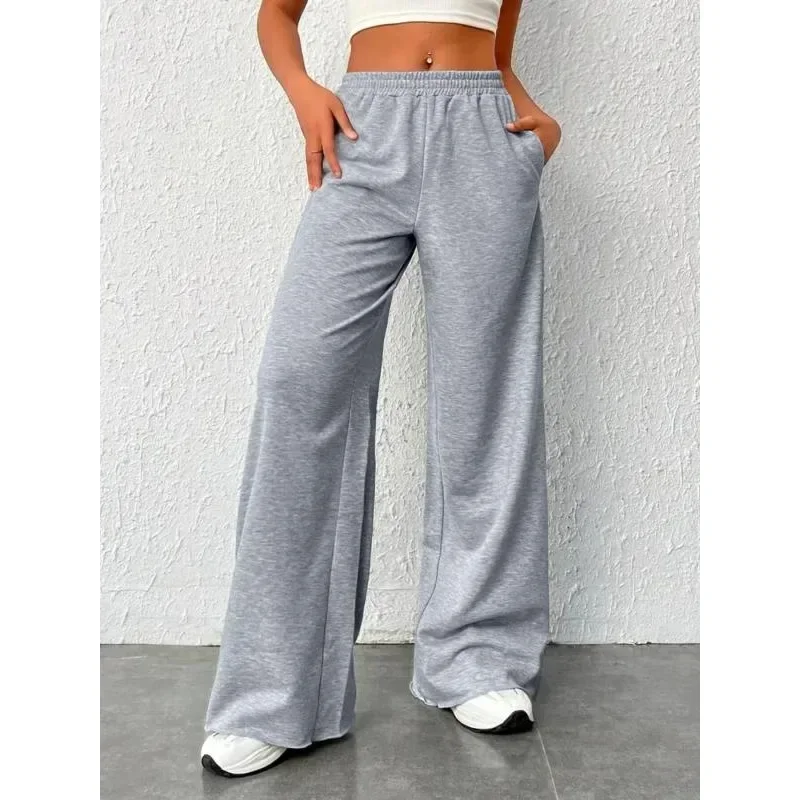 Plus Size Women Elastic Waist Wide Leg Sweatpants Drawstring Loose Casual Trousers with Pockets