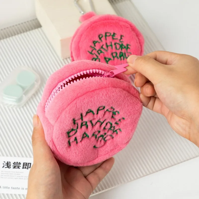 Korean Ins Cute Plush Coin Purse Girls Embroidered Pink Headphone Bag Round Pendant Key Storage Bag Happy Birthday Wallet Gifts