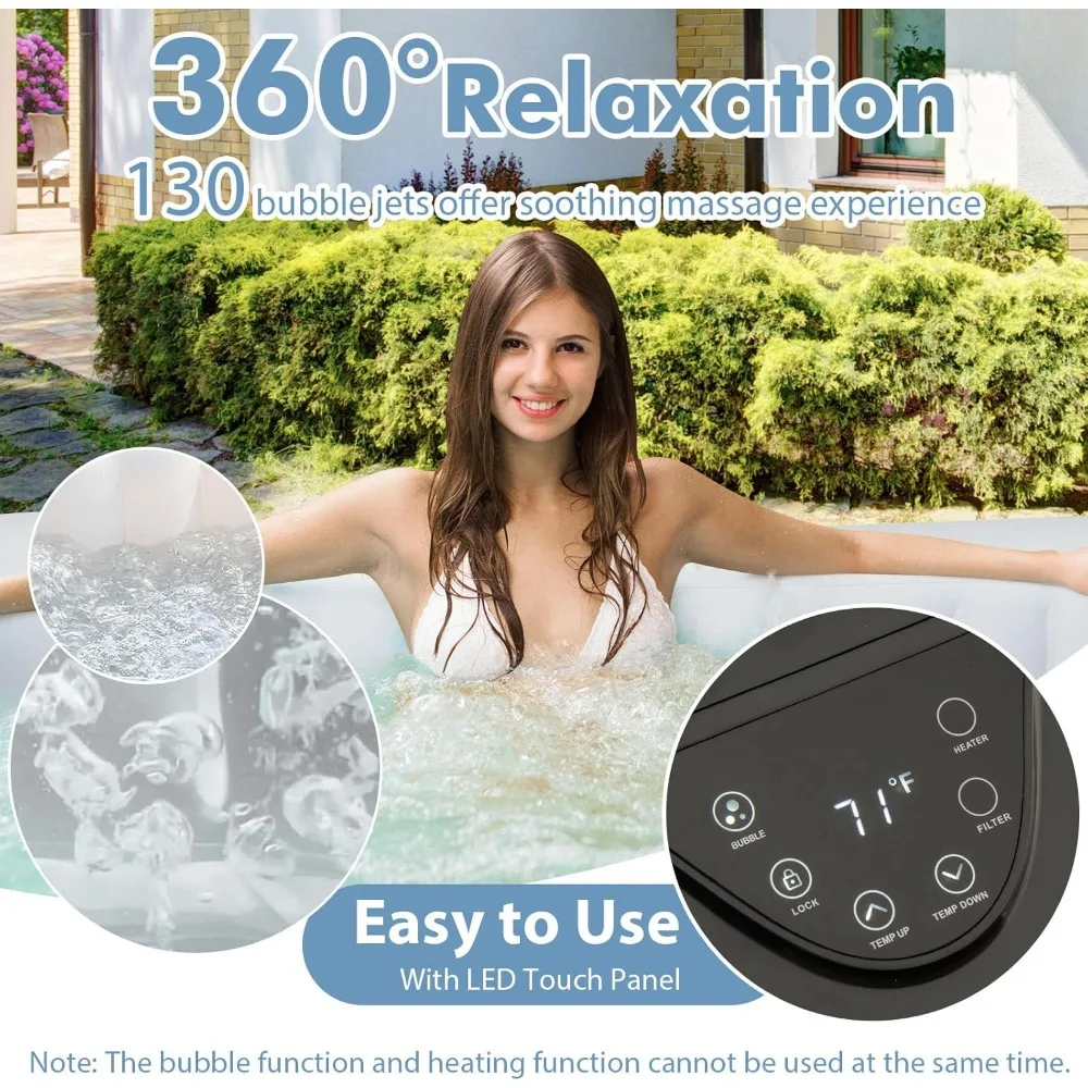 Hot Tub, Inflatable Hot Tub with 130 Soothing Bubble Air Jets, Insulated Lockable Cover, Ground Mat & Filter Cartridges