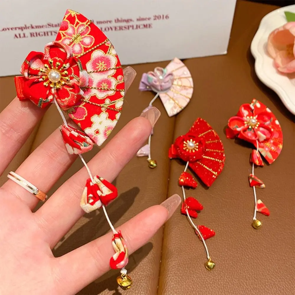 Tassel Children Red Sakura Hairpin Cloth Flower Chinese New Year Headwear Girl Hair Accessories Ancient Style Hairpin