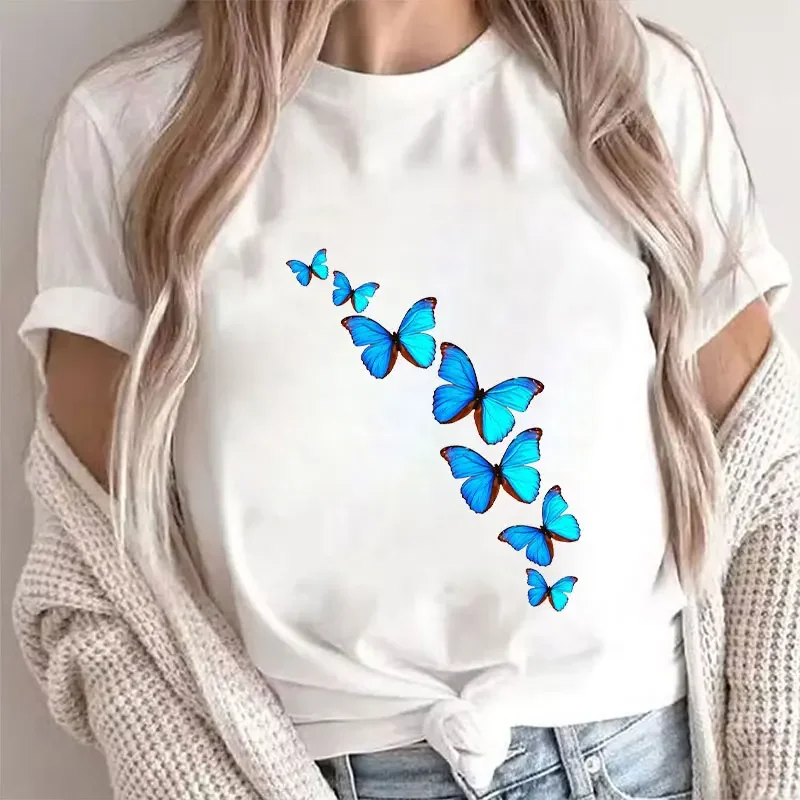 Camiseta a la moda para mujer, ropa con estampado de mariposa, pantalón corto informal diario, camiseta de manga corta, ropa de calle sencilla con cuello redondo para verano para mujer