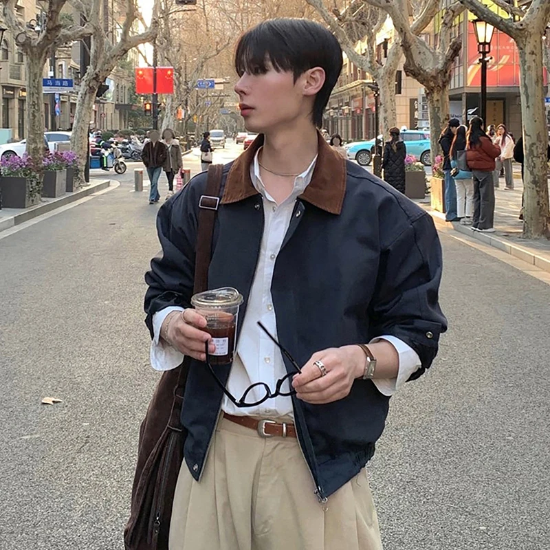 With Men's Jacket Colorblocking Turn Down Collar Loose Fit Zipup Top Korean Style Trendy Versatile Loose Casual Coat QI51