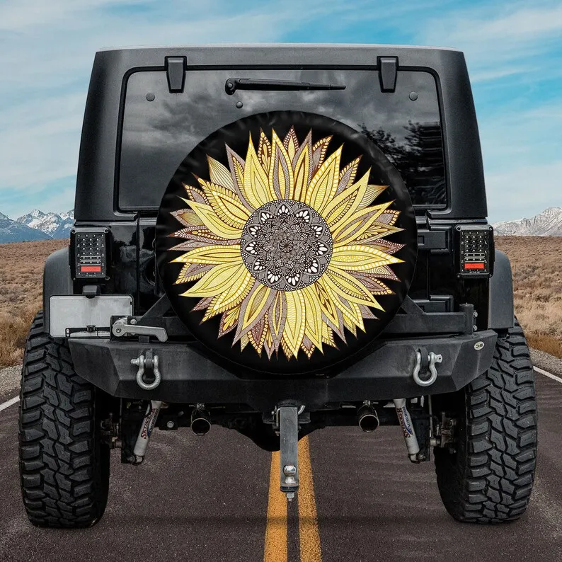 

Spare Tire Cover Camper With Or Without Backup Camera Hole, Sunflower Mandala Spare Tire Cover For A Car Wrangler, Bronco, Trai