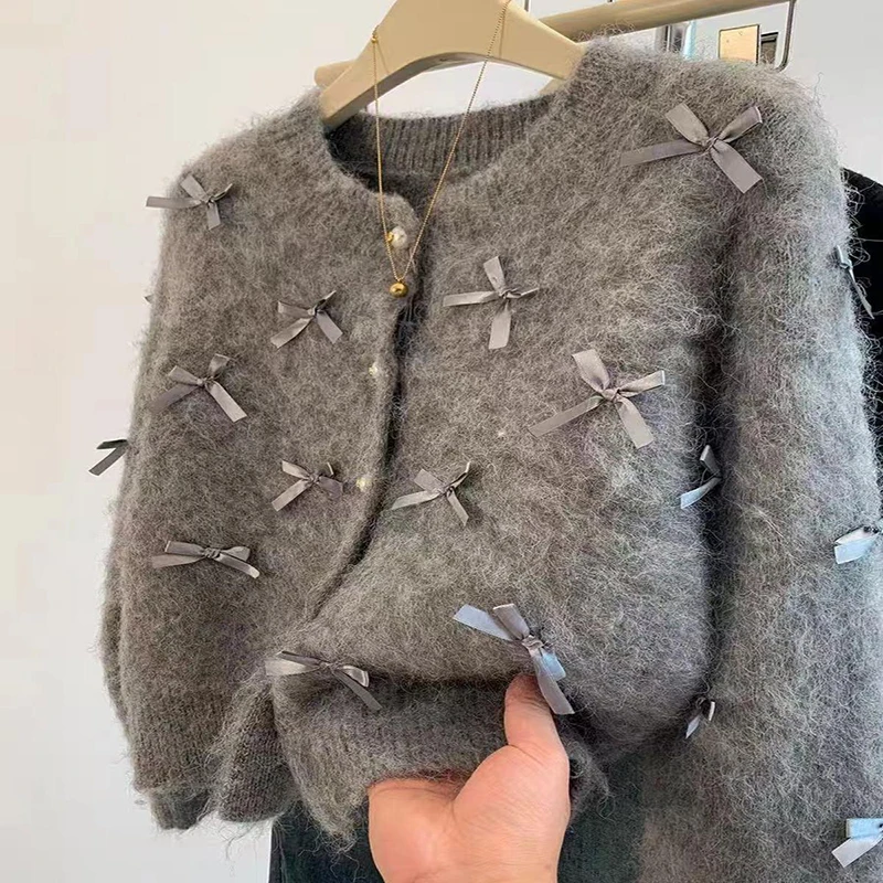 French Temperament Grey Bow Sweater Women 2024 Autumn Winter High Grade Soft Glutinous Mohair Knitted Cardigan Fragrant Coat
