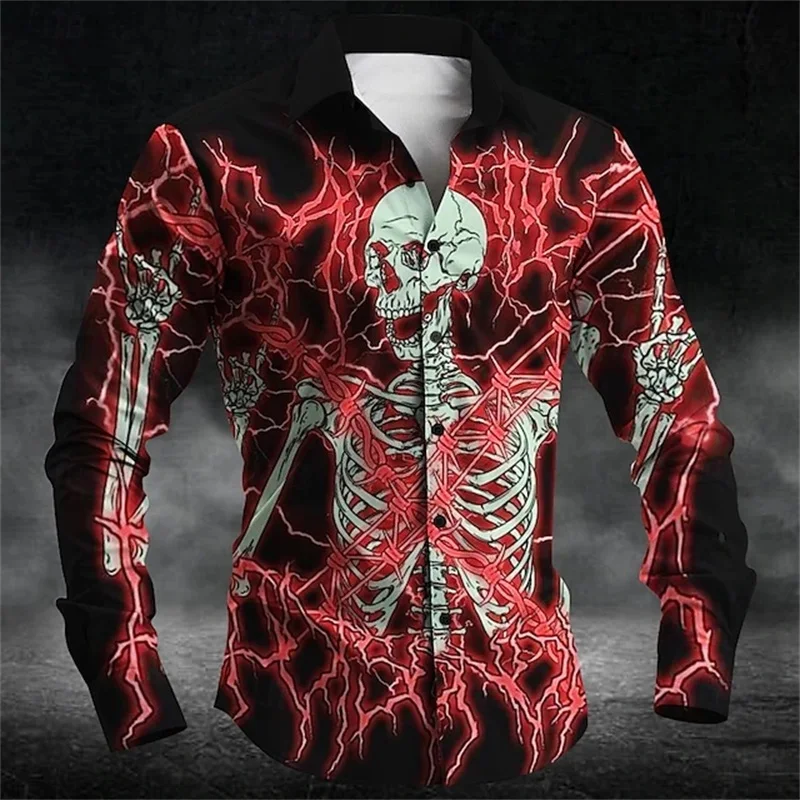 

3D Printed Skull Graphic Men's Long Sleeve Shirt Gothic Style Pattern Button Lapel Casual Shirts For Men Halloween Theme Clothes