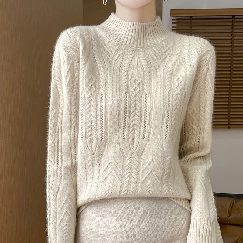 Half Height Hollow Out 100% Pure Wool Sweater For Women's Autumn Winter Long Sleeved Loose French Fashion Knitted Pullover Top