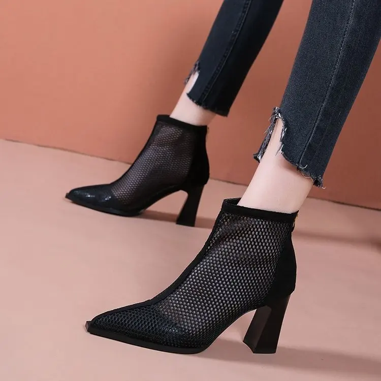 2023 Summer New Sexy Pointed Toe Thick Heels High Heels Women Baotou Hollow Breathable Mid-top Rear Zipper Women\'s Sandals boot