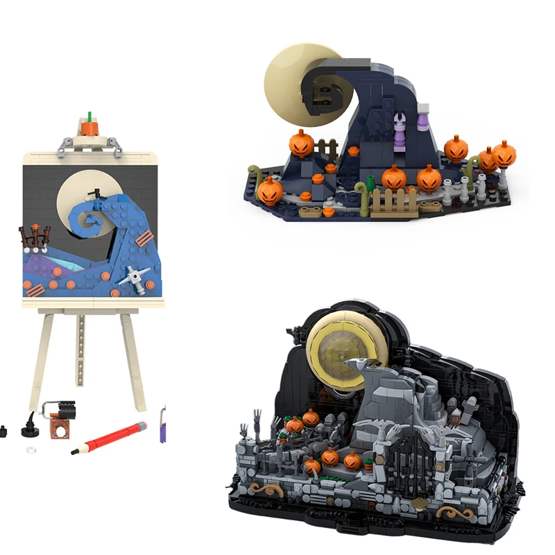 MOC koszmar boże narodzenie miasto Spiral Hill Halloween dynia klocki do budowy zestaw Jack upiorny Artboard Model zestaw do zabawy DIY zabawka dla