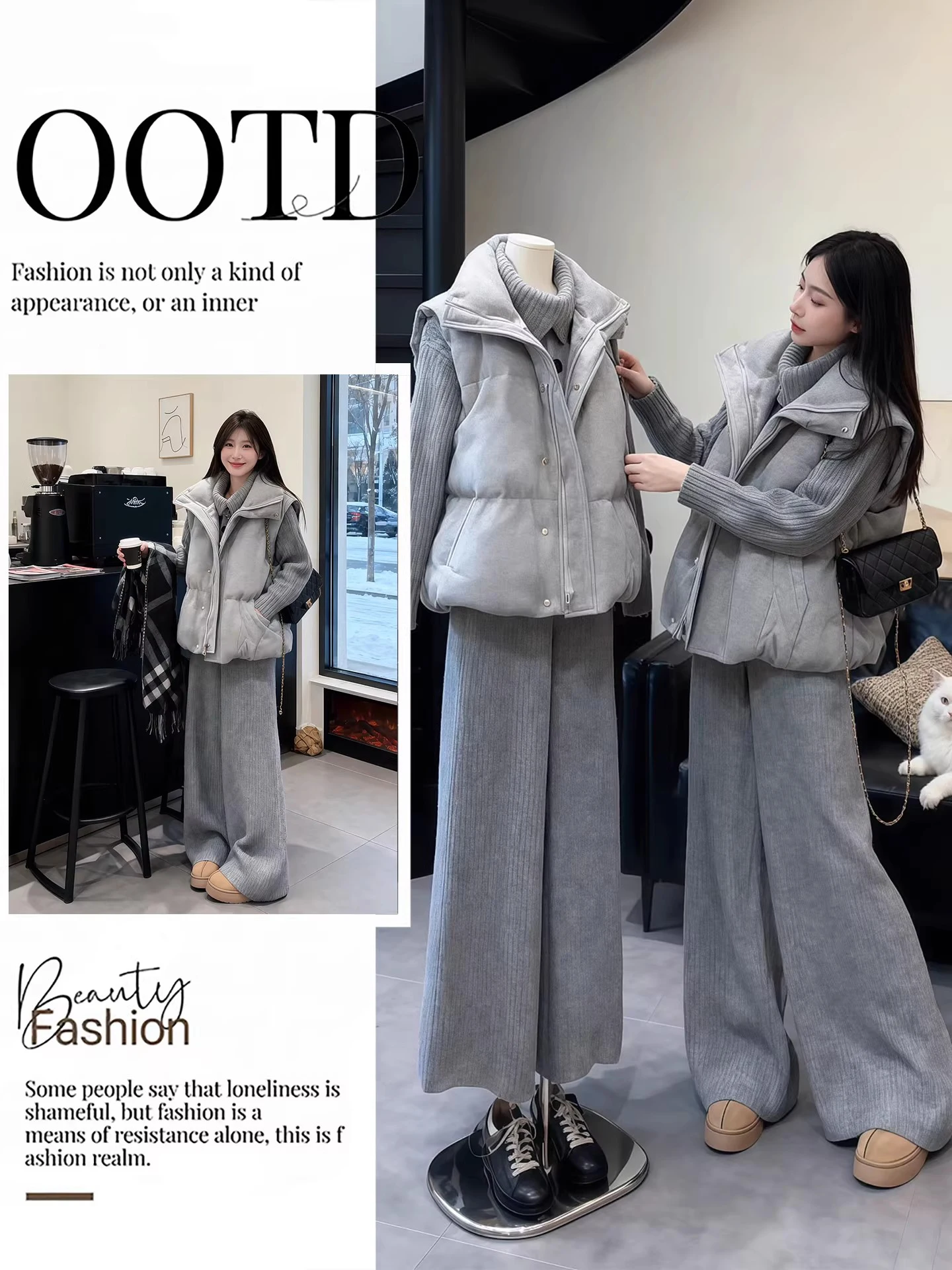 

Unique Winter Faion Set Casual Knitted High Collar Cotton Vest Overlap Cardigan Wide Leg Pants Tee Piece Women's Ensemble