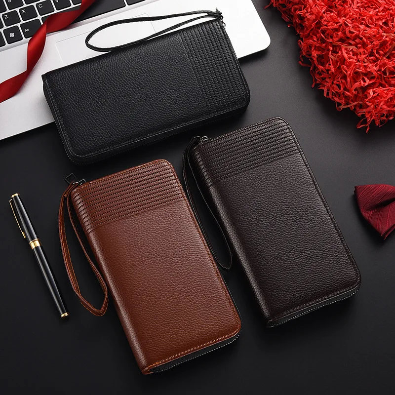 New Men's Long Wallet Retro Leather Clutch Business ID Credit Card Holder Zipper Purse Multi Slot Card Organizer Phone Pouch