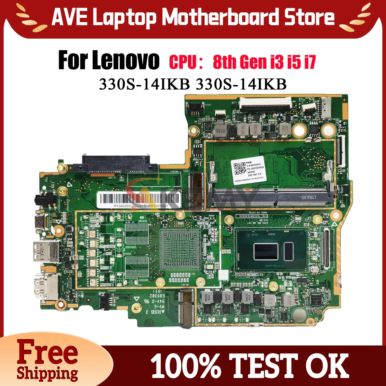 

330S-14IKB для Lenovo Ideapad 330S-14IKB, материнская плата для ноутбука с процессором I3 I5 I7 8-го поколения, 4 ГБ ОЗУ, 100% полностью протестировано